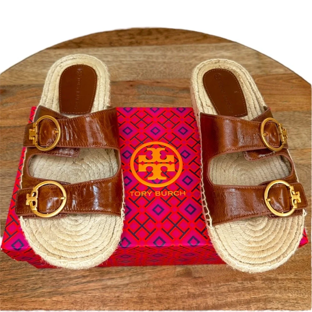 Tory Burch Selby Two Band Espadrille Slide Sandal Waxy Napa Leather Syru…